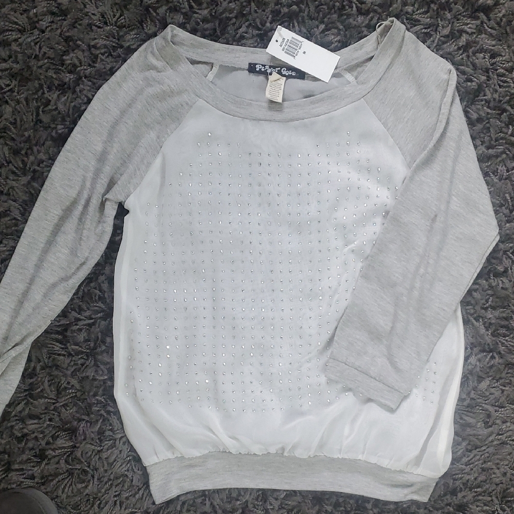 Gray and White Long Sleeve Top with Rhinestones